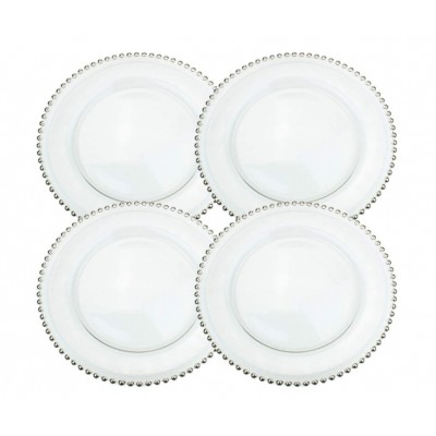 Clear Glass Charger 12.6 Inch Dinner Plate With Beaded Rim - Set of 4 - Silver