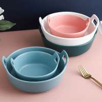 Nordic restaurant household pure color matte glazed ceramic salad cooking bowl with double ears