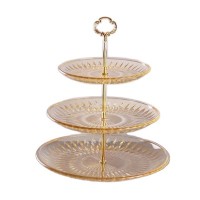 Frosted printing 3 Tier snack service Natural round glass rotating serving tray cake stand charger plate for Wedding,Home Party