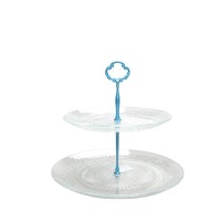 Hotsale 2 Tier snack service embossed round glass rotating serving tray cake stand charger plate for Wedding,Home Party